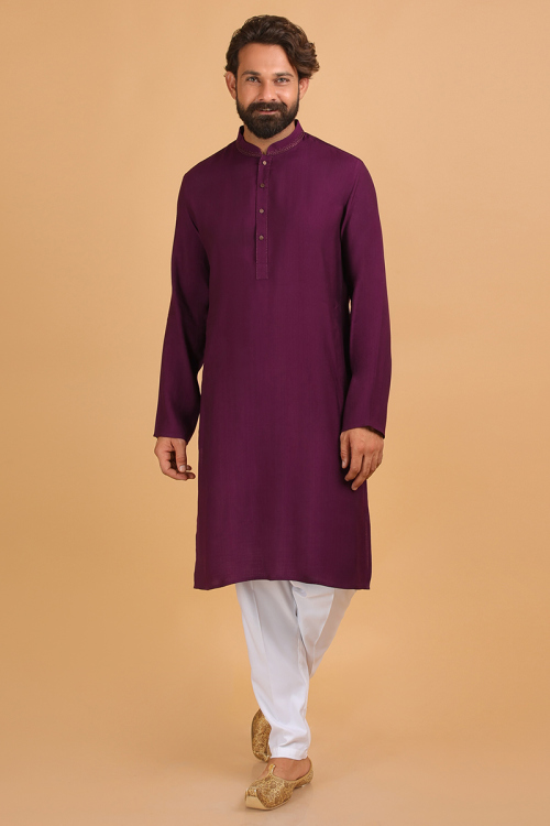 New Arrival Embroidered Plum Purple Men's Kurta Pajama 