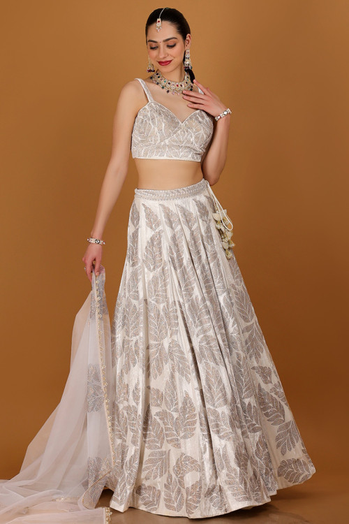 Buy Bridesmaid Outfit - White And Orange Floral Printed Silk Lehenga Choli