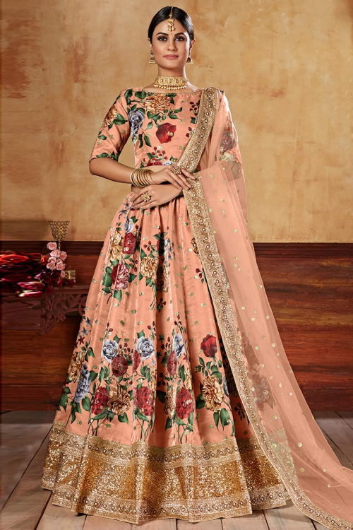 Peach Art Silk Floral Digital Print Lehenga