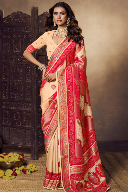 Peach Art Silk Weaved Broad Border Saree