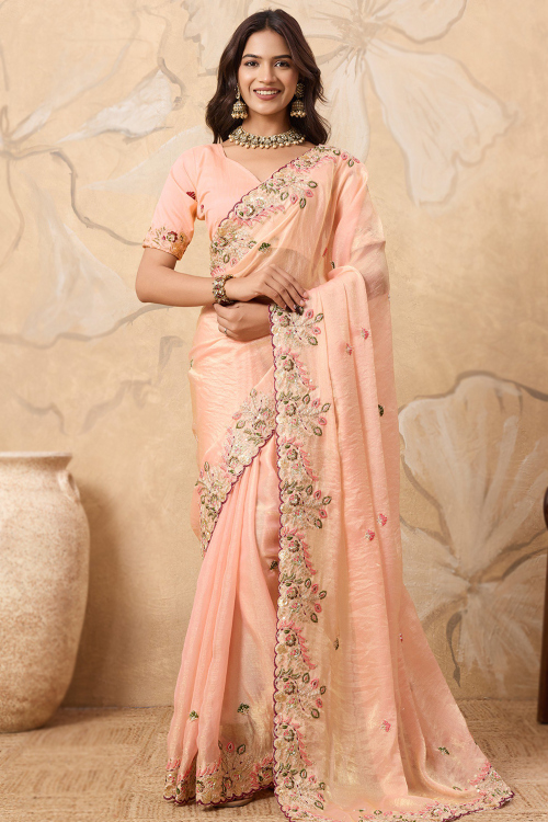 Peach Chiffon Light Weight Saree With Dori Work