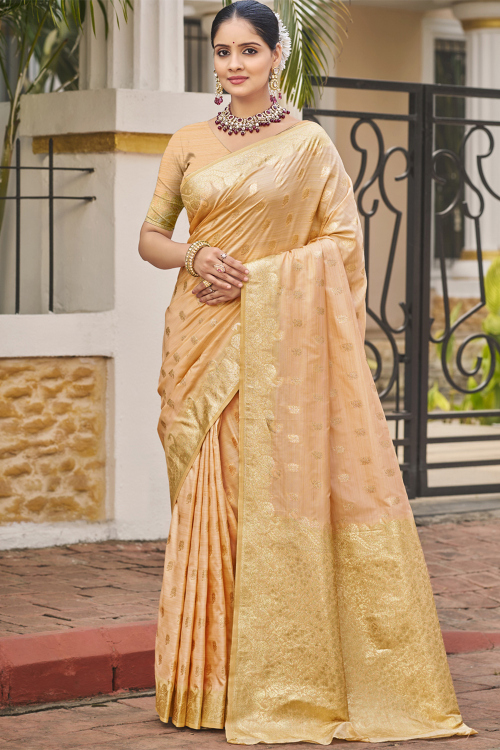 Peach Cotton Silk Woven Zari Broad Border Saree