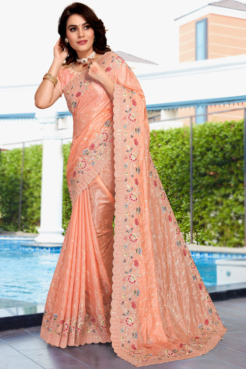 Peach Crepe Silk Embroidered Saree