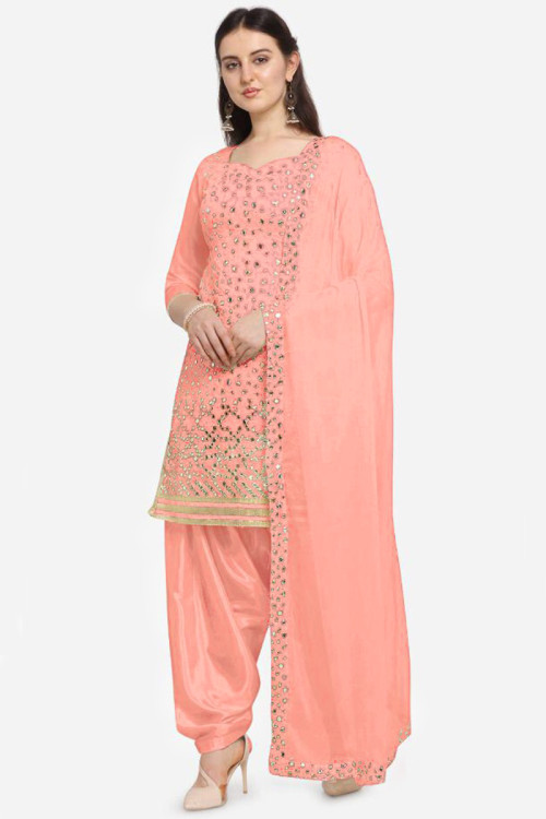 Peach Georgette Embroidered Patiala Suit