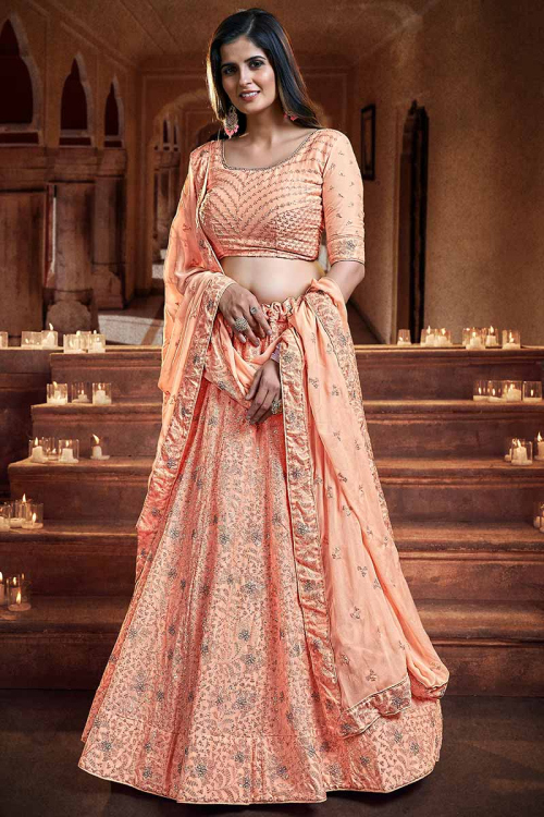 Peach Georgette Embroidered Wedding Lehenga