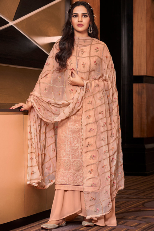 Peach Georgette Straight Cut Trouser Salwar Suit for Party Wear