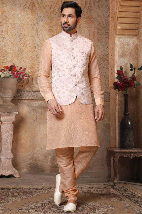 Buy Jacket Style Peach Embroidered Bengali Wedding Clothing Online for Women in UK