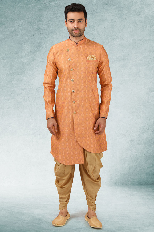 Peach Jacquard Angrakha Style Men Sherwani
