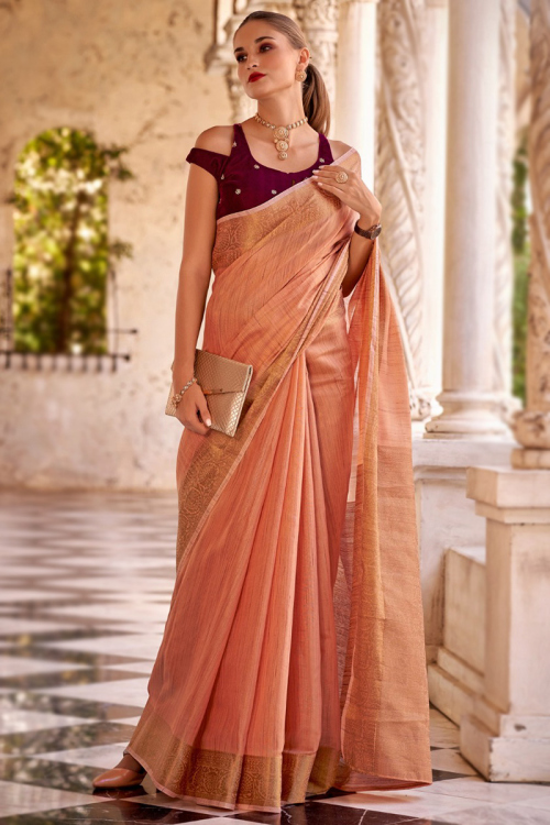 Peach Linen Woven Zari Light Weight Saree