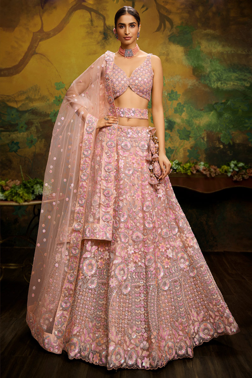 Peach Net Dori Embroidered Panelled Style Lehenga