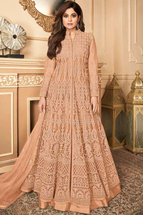 Peach Net Embroidered Anarkali Suit