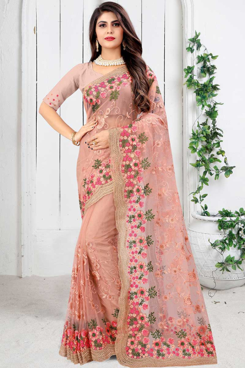 Peach Net Embroidered Party Wear Saree