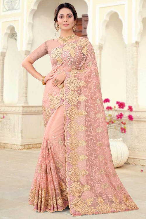 Peach Net Indian Party Wear Embroidered Saree
