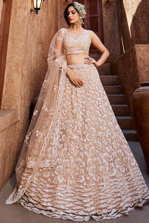 Peach Net Lehenga With Sequins Work For Weddings
