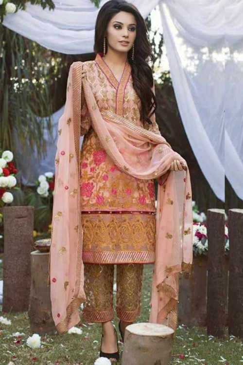 Peach Pink Chiffon Embroidered Straight Pant Suit