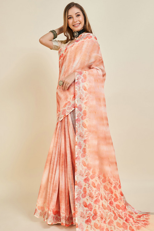 Peach Printed Casual Wear Broad Border Linen Saree 