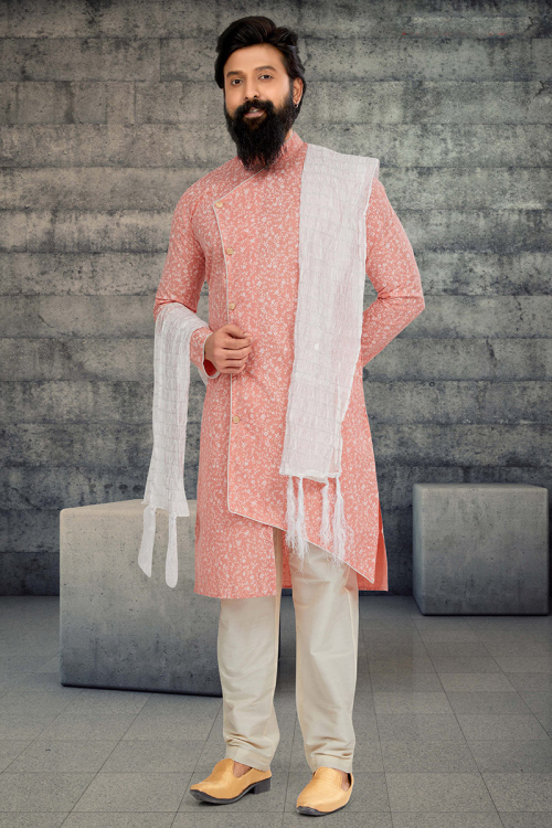 Peach Printed Cotton Silk Asymmetrical Style Men's Sherwani 