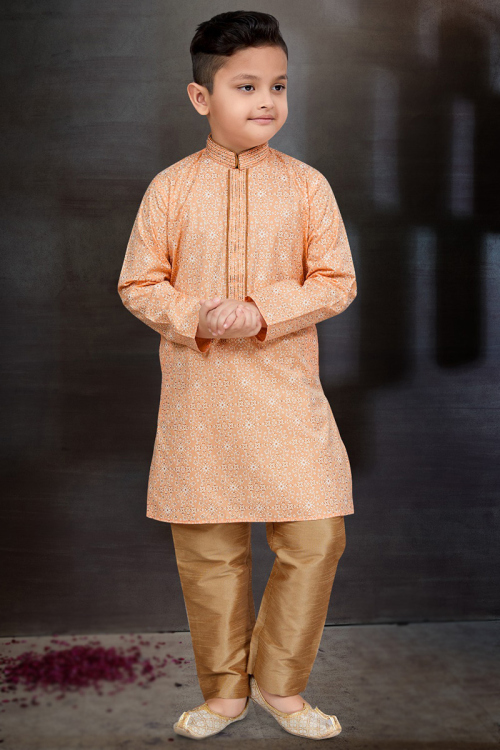 Peach Printed Cotton Straight Cut Boy's Kurta Pajama 