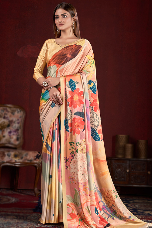 Peach Printed Satin Casual Wear Saree