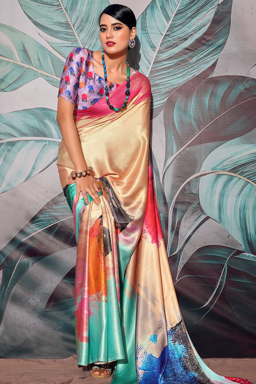 Peach Printed Satin Crape Casual Wear Saree 