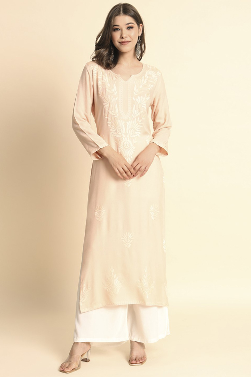 Peach Rayon Embroidered Ready Made Straight Cut Casual Wear Kurti