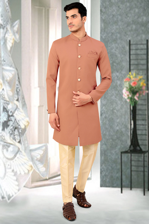 Peach Rayon Indo-Western Men Sherwani