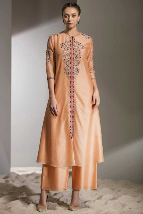 Peach Resham Embroidered Banglori Silk Palazzo Pant Suit