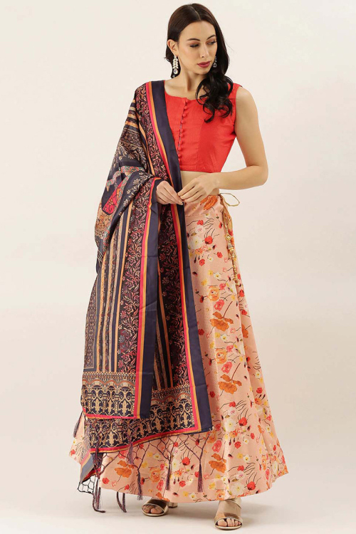 Peach Satin Silk Printed A-Line Style Lehenga 