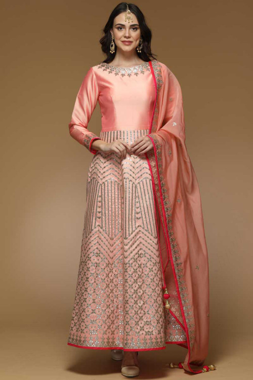 Peach Silk Anarkali Suit With Zari Work for Eid