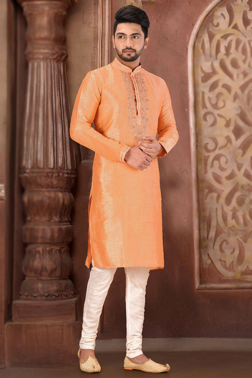Peach Silk Embroidered Men's Churidar Kurta 
