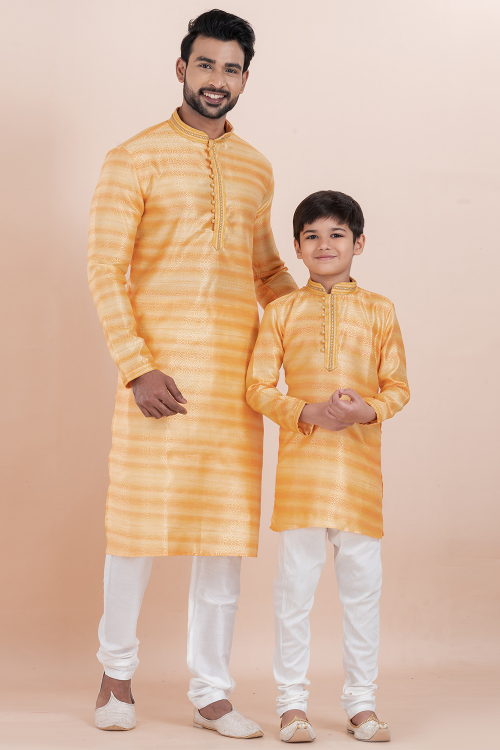 Peach Silk Kurta Pajama Combo for Father &amp; Son Festive Wear