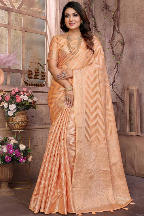 Peach Silk Organza Woven Zari Broad Border Saree 