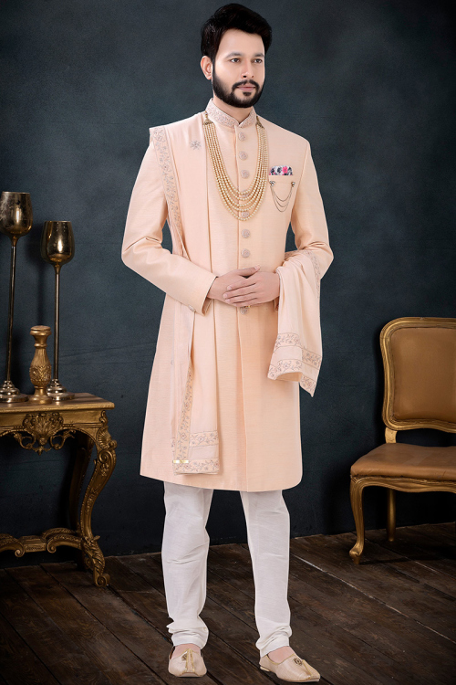 Peach Silk Resham Embroidered Men Sherwani