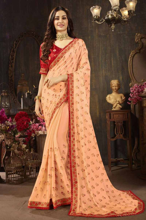Buy Peach Silk Printed Saree With Banglori Silk Blouse Online ...