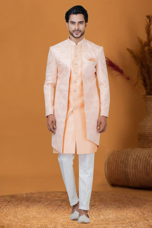 Peach Silk Weaved Jacket Style Men's Sherwani