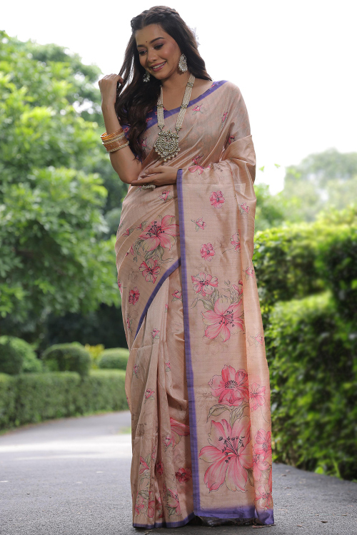 Peach Tussar Silk Floral Printed Saree 