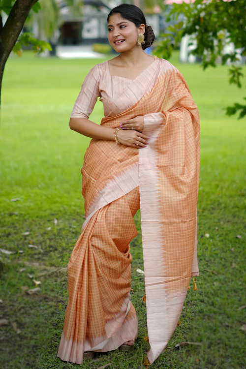 Peach Tussar Silk Printed Casual Wear Saree 
