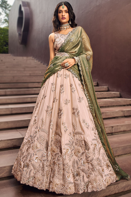 Peach Viscose Dori Embroidered Panelled Style Lehenga