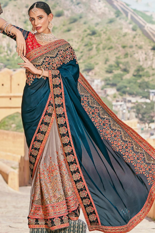 Peacock blue with half and half saree - Amnaya