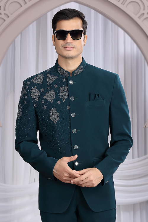 Peacock Blue Art Silk Beads Embroidered Men's Sherwani
