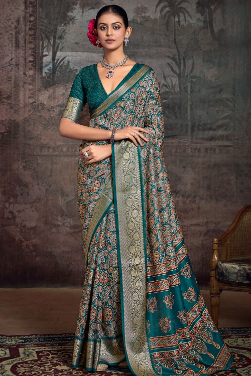Peacock Blue Art Silk Saree With Printed Work For Festival