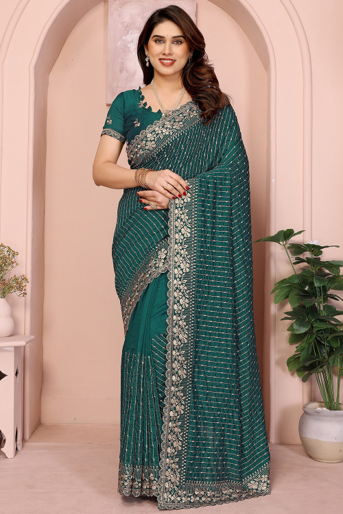 Peacock Blue Art Silk Saree With Stone Work For Festival