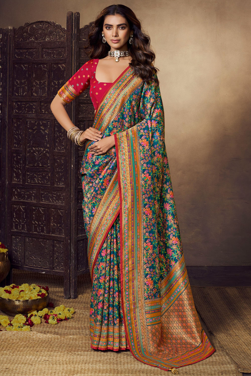 Peacock Blue Art Silk Saree With Weaved Work For Festival