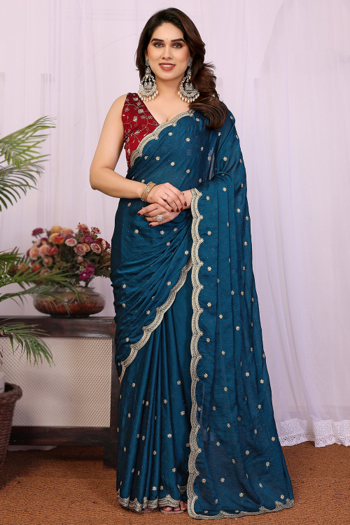 Peacock Blue Art Silk Saree with Zari Work For Diwali