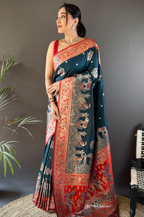 Peacock Blue Art Silk Weaved Work Broad Border Saree 