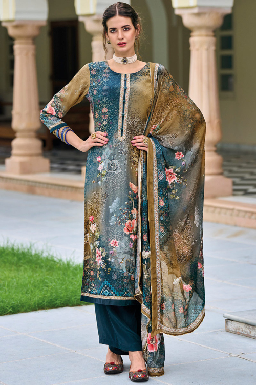 Peacock Blue Casual Wear Printed Crepe Palazzo Suit 