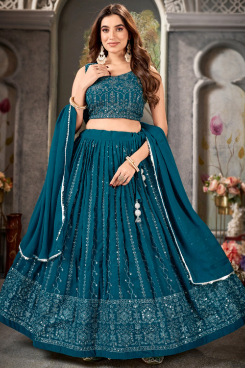 Peacock Blue Charcoal Grey Embroidered Flared Style Lehenga