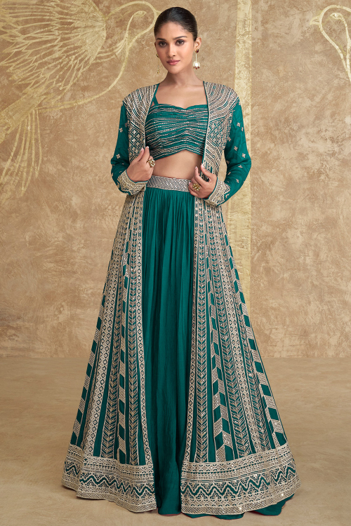 Peacock Blue Chinnon A Line Lehenga With Zari Work