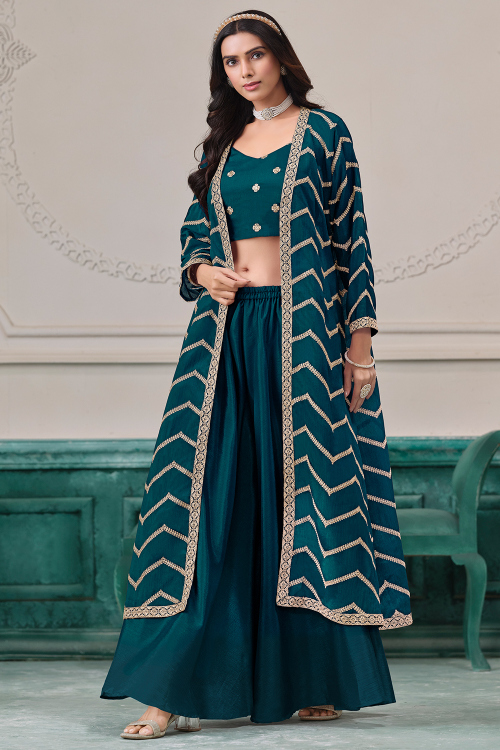 Peacock Blue Chinnon Palazzo Suit With Sequins Work 