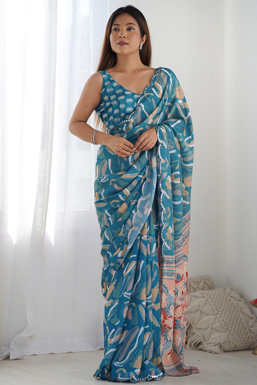 Peacock Blue Chinnon Printed Regional Saree 